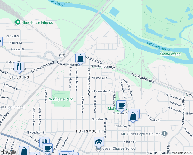 map of restaurants, bars, coffee shops, grocery stores, and more near 9639 North Adriatic Avenue in Portland