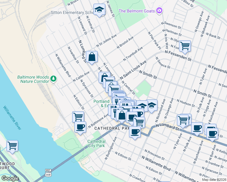 map of restaurants, bars, coffee shops, grocery stores, and more near 9011 North Lombard Street in Portland