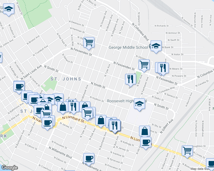 map of restaurants, bars, coffee shops, grocery stores, and more near 9213 North Polk Avenue in Portland