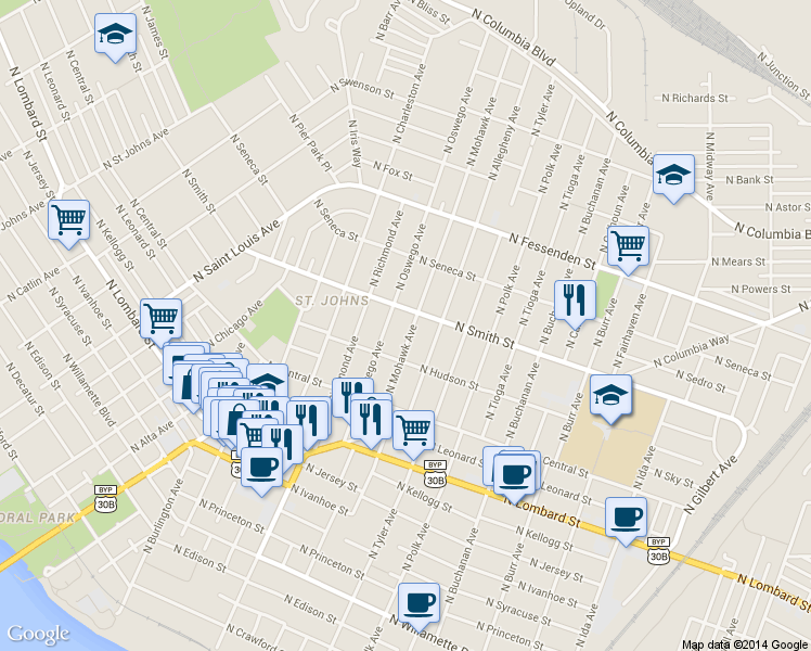 map of restaurants, bars, coffee shops, grocery stores, and more near 9102 North Mohawk Avenue in Portland