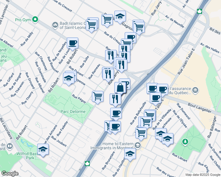 map of restaurants, bars, coffee shops, grocery stores, and more near 6280 Rue Jarry Est in Montréal