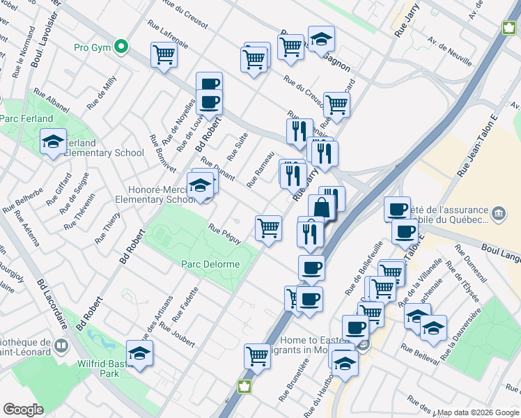 map of restaurants, bars, coffee shops, grocery stores, and more near 8105 Rue de Guyenne in Montréal