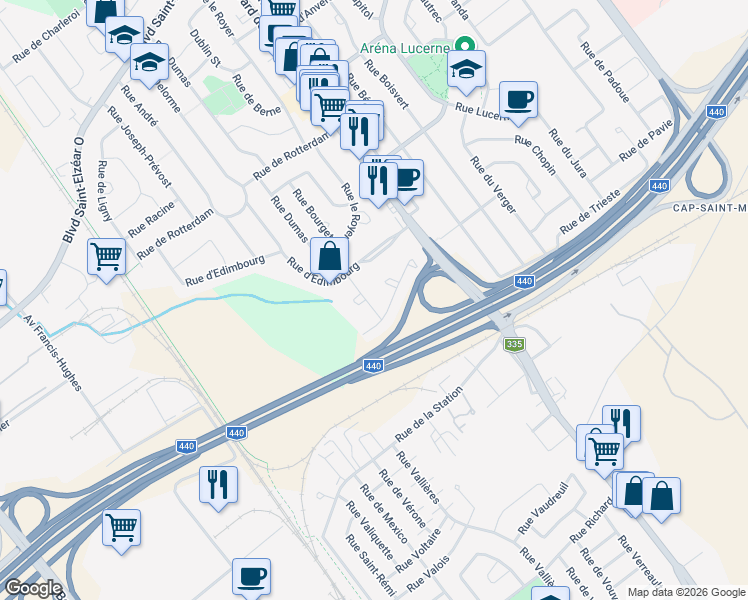 map of restaurants, bars, coffee shops, grocery stores, and more near 1607 Rue Potier in Laval