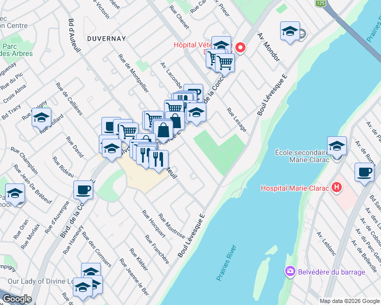 map of restaurants, bars, coffee shops, grocery stores, and more near 460 Rue Joly in Laval