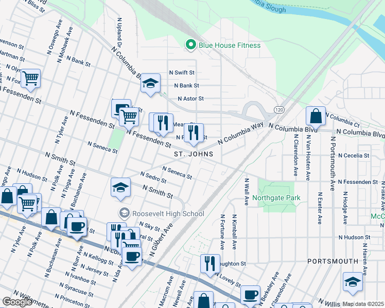 map of restaurants, bars, coffee shops, grocery stores, and more near 6734 North Fessenden Street in Portland