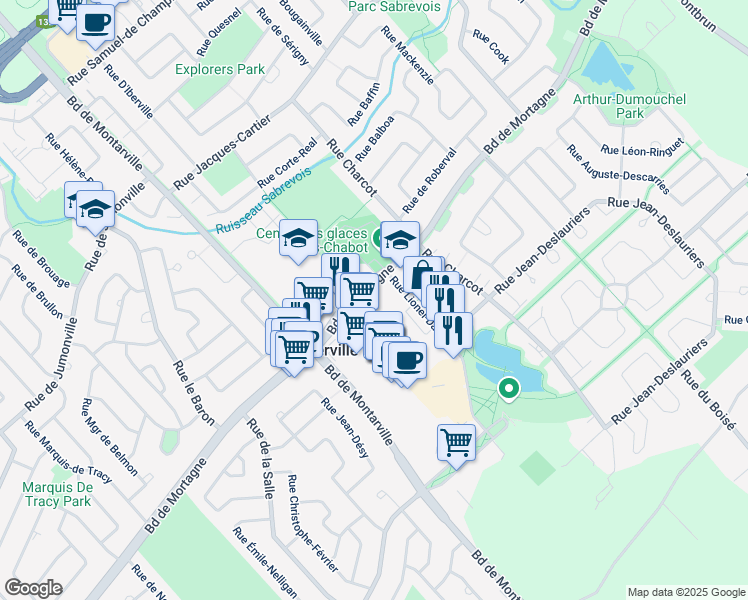 map of restaurants, bars, coffee shops, grocery stores, and more near 556 Boulevard de Mortagne in Boucherville