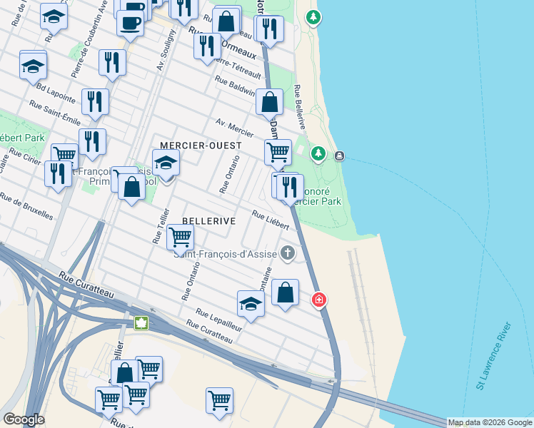 map of restaurants, bars, coffee shops, grocery stores, and more near 1677 Rue Liébert in Montréal
