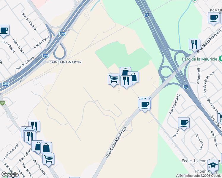map of restaurants, bars, coffee shops, grocery stores, and more near 1668 Place de Lierre in Laval
