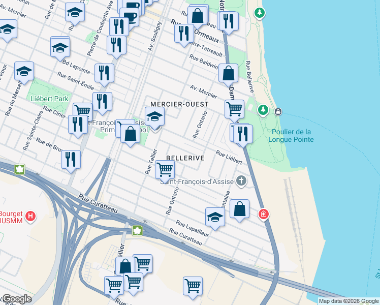 map of restaurants, bars, coffee shops, grocery stores, and more near Rue Sabatier in Montréal
