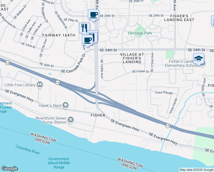 map of restaurants, bars, coffee shops, grocery stores, and more near 16524 Southeast 40th Circle in Vancouver