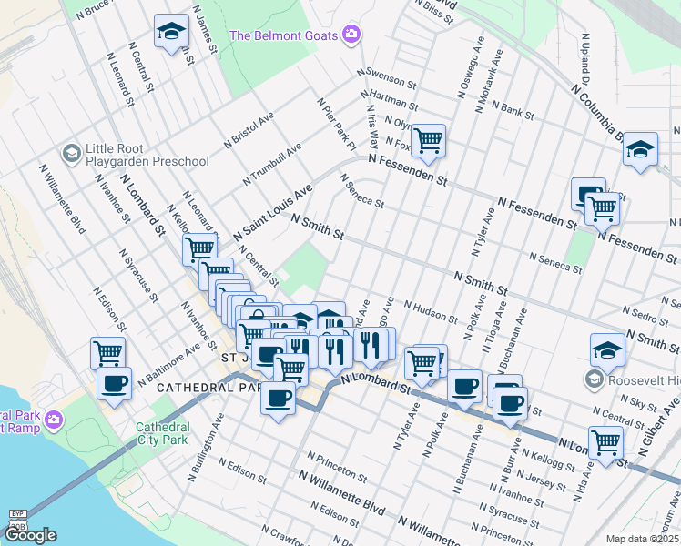 map of restaurants, bars, coffee shops, grocery stores, and more near 8580 North John Avenue in Portland