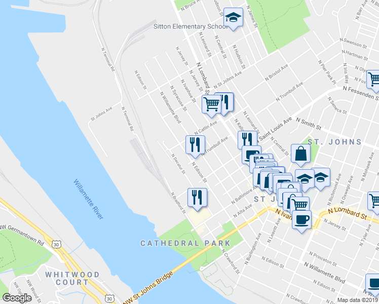 map of restaurants, bars, coffee shops, grocery stores, and more near 6900-6998 N Trumbull Ave in Portland