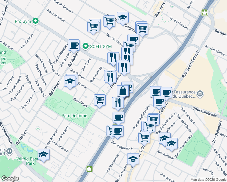 map of restaurants, bars, coffee shops, grocery stores, and more near 6300 Rue Jarry Est in Montréal