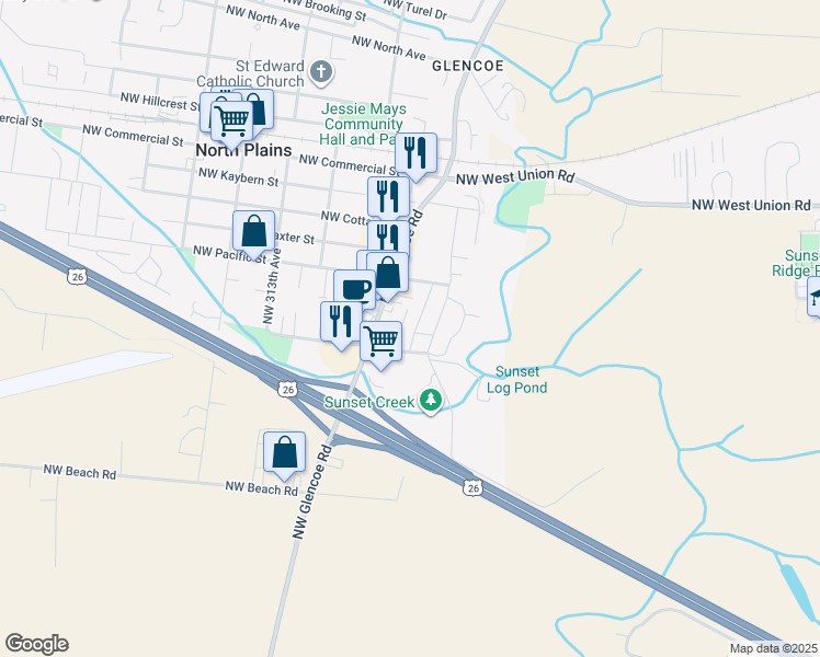 map of restaurants, bars, coffee shops, grocery stores, and more near 10040 Northwest Curtis Street in North Plains