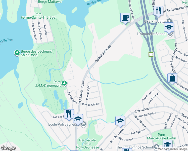 map of restaurants, bars, coffee shops, grocery stores, and more near 1235 Rue de Saint Sébastien in Laval