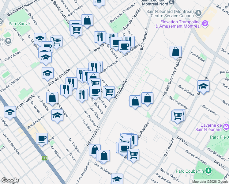 map of restaurants, bars, coffee shops, grocery stores, and more near 10461 Avenue Hénault in Montréal