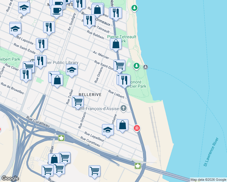 map of restaurants, bars, coffee shops, grocery stores, and more near 1729 Rue Liébert in Montréal