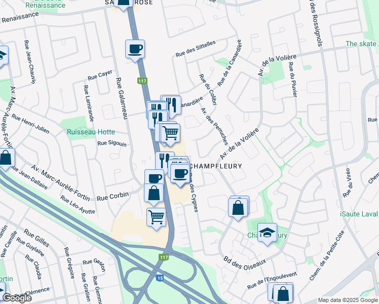 map of restaurants, bars, coffee shops, grocery stores, and more near 2925 Boulevard des Oiseaux in Laval