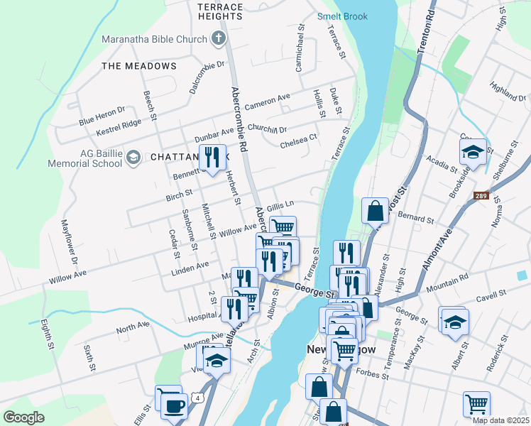 map of restaurants, bars, coffee shops, grocery stores, and more near 141 Abercrombie Road in New Glasgow