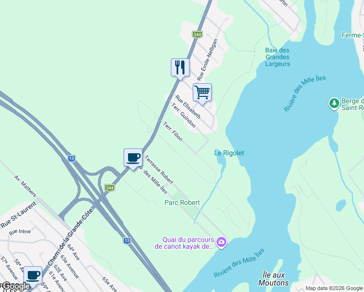 map of restaurants, bars, coffee shops, grocery stores, and more near 173 Terrasse Filion in Boisbriand