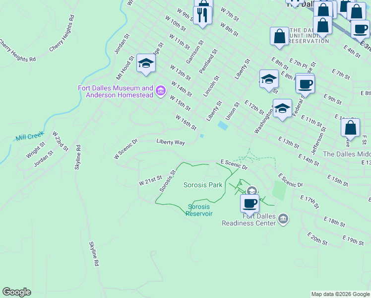 map of restaurants, bars, coffee shops, grocery stores, and more near 1816 Liberty Way in The Dalles