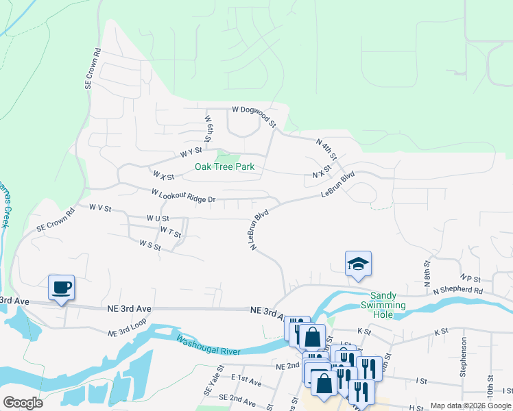 map of restaurants, bars, coffee shops, grocery stores, and more near 234 West Lookout Ridge Drive in Washougal