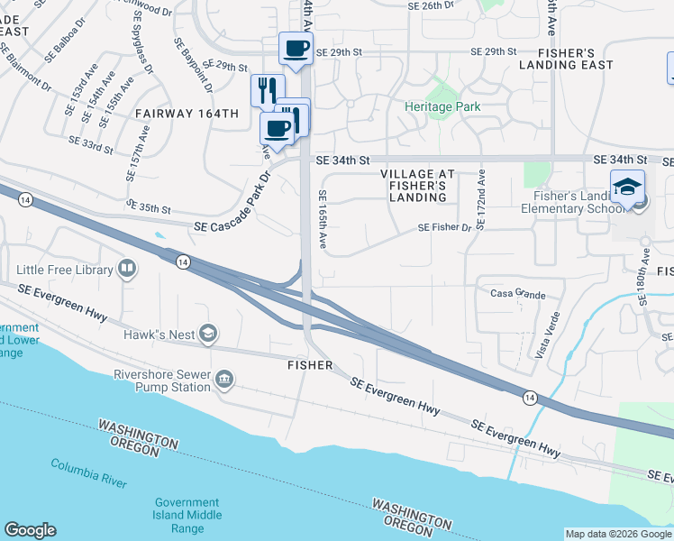map of restaurants, bars, coffee shops, grocery stores, and more near 16526 Southeast 39th Street in Vancouver
