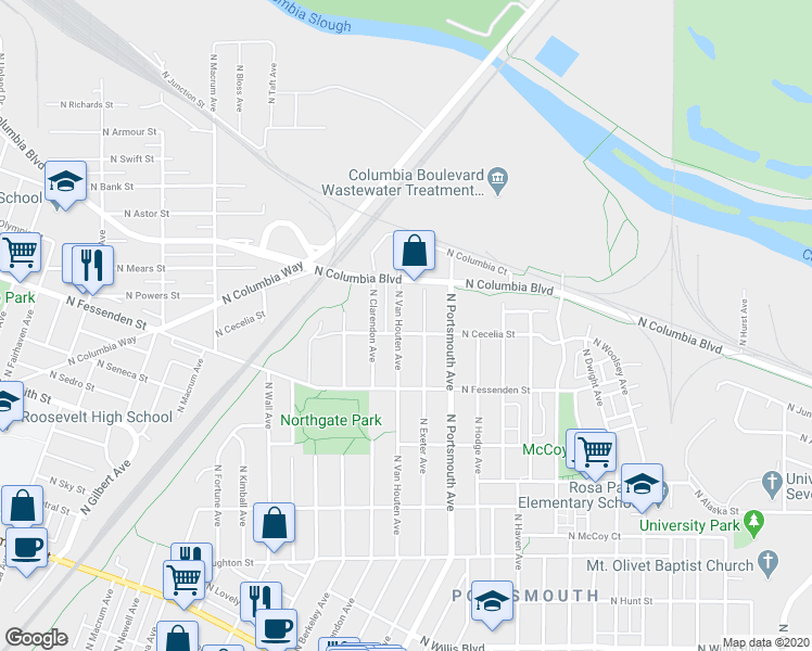 map of restaurants, bars, coffee shops, grocery stores, and more near 9635 North Exeter Avenue in Portland