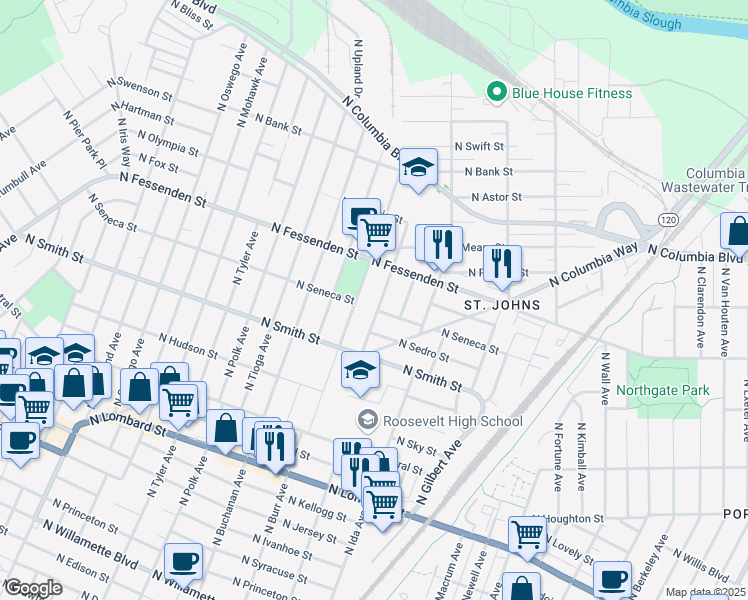 map of restaurants, bars, coffee shops, grocery stores, and more near 7118 North Seneca Street in Portland