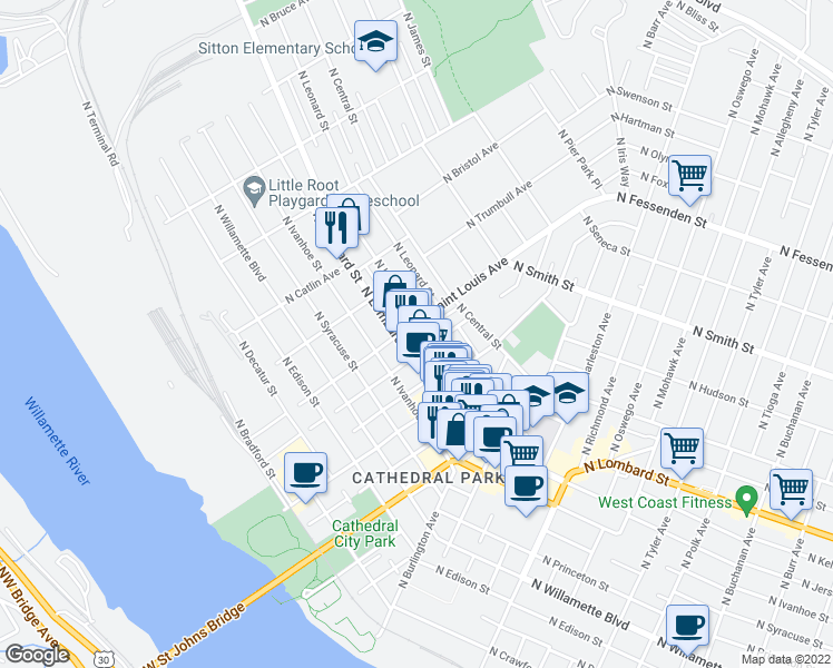 map of restaurants, bars, coffee shops, grocery stores, and more near 9011 North Lombard Street in Portland