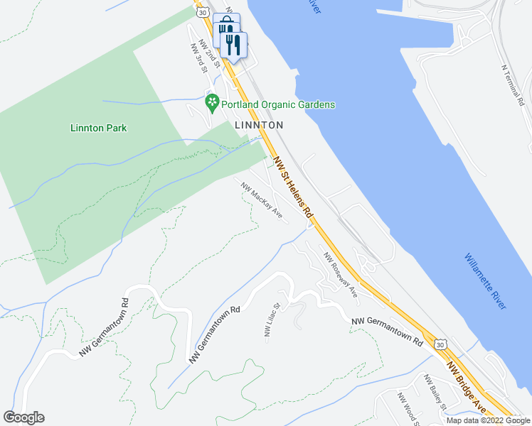 map of restaurants, bars, coffee shops, grocery stores, and more near 9845 Northwest Mackay Avenue in Portland