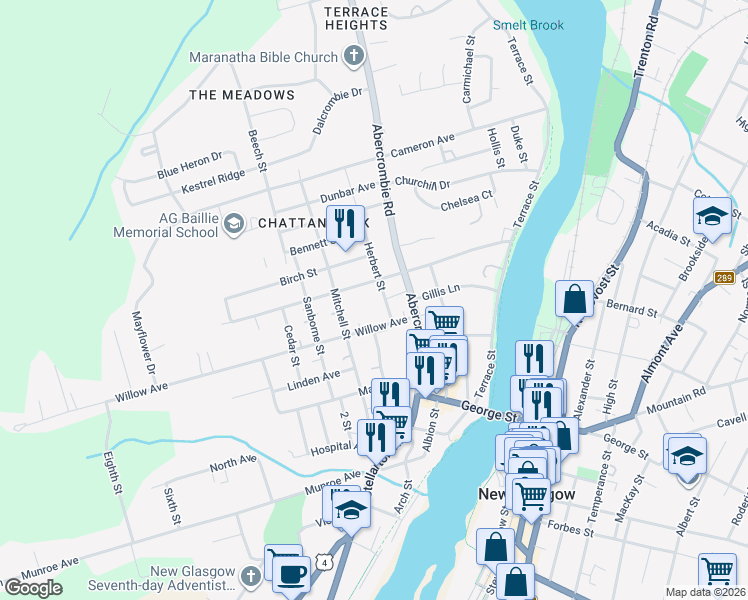 map of restaurants, bars, coffee shops, grocery stores, and more near 48 Herbert Street in New Glasgow