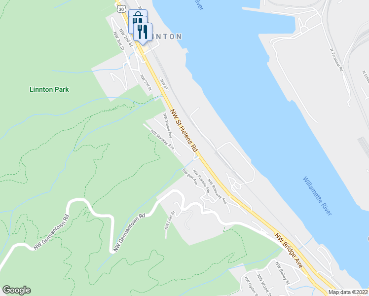 map of restaurants, bars, coffee shops, grocery stores, and more near 9899 Northwest Hoge Avenue in Portland