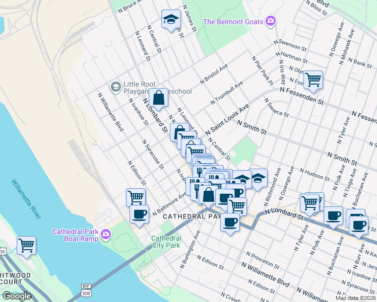 map of restaurants, bars, coffee shops, grocery stores, and more near 7424 North Saint Louis Avenue in Portland