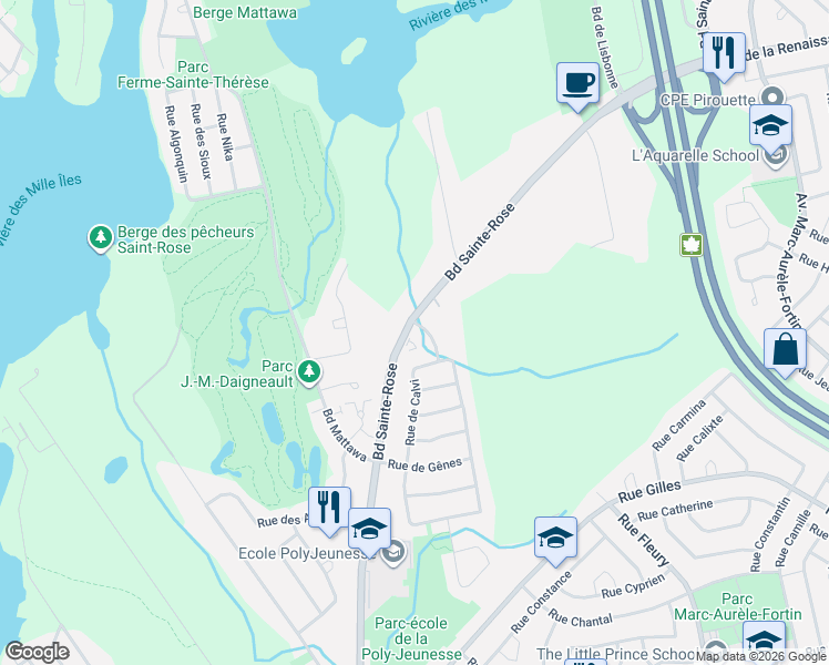 map of restaurants, bars, coffee shops, grocery stores, and more near 1250 Rue de Saint Sébastien in Laval