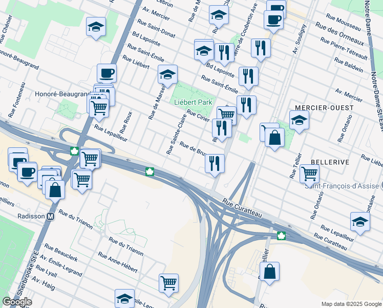 map of restaurants, bars, coffee shops, grocery stores, and more near 2700 Rue de Bruxelles in Montréal