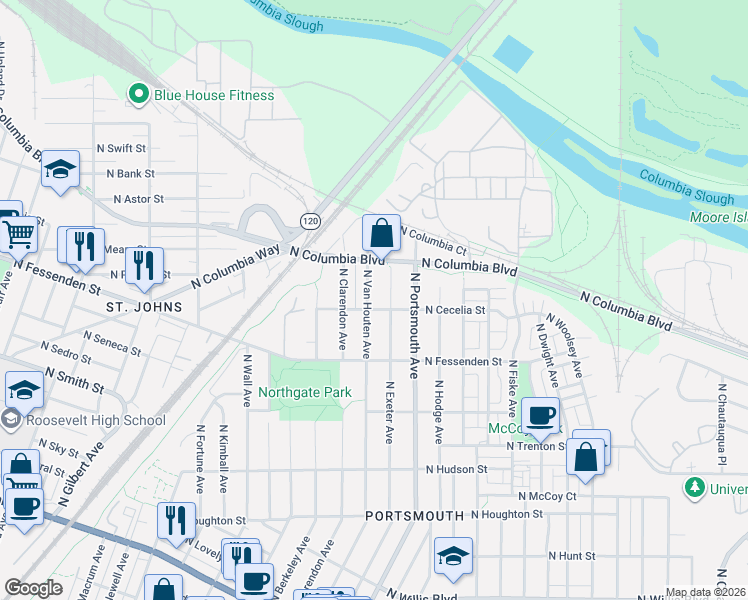 map of restaurants, bars, coffee shops, grocery stores, and more near 9635 North Exeter Avenue in Portland