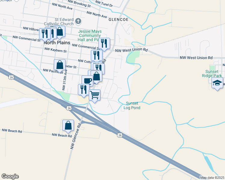 map of restaurants, bars, coffee shops, grocery stores, and more near 9960 Northwest Bartlett Loop in North Plains