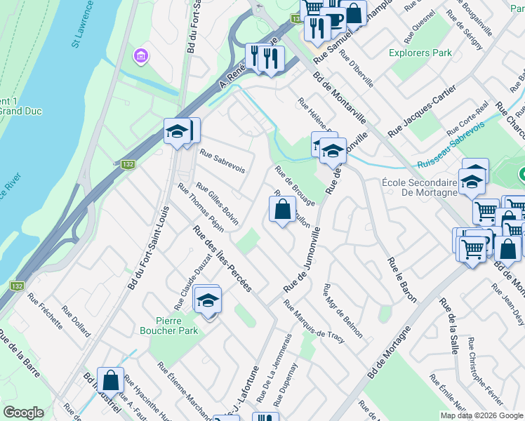 map of restaurants, bars, coffee shops, grocery stores, and more near 309 Rue François Séguin in Boucherville