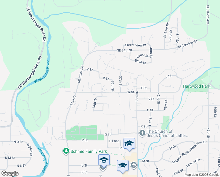 map of restaurants, bars, coffee shops, grocery stores, and more near 2327 36th Street in Washougal