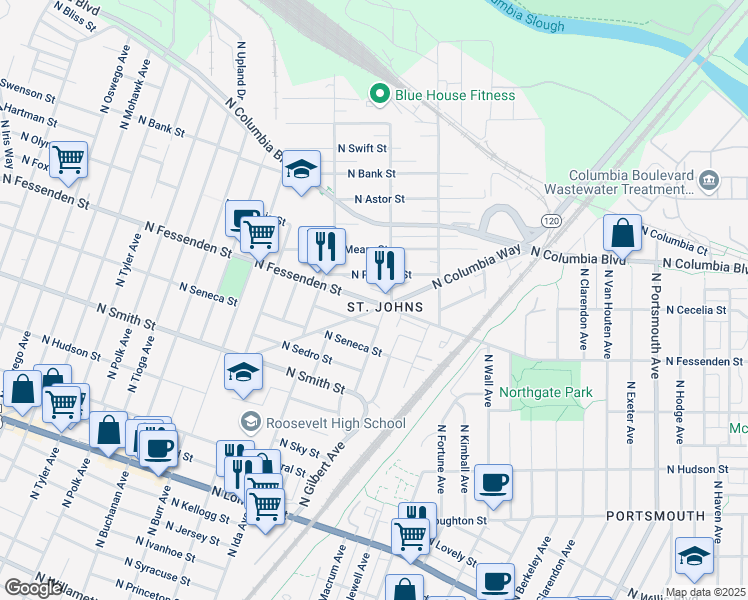 map of restaurants, bars, coffee shops, grocery stores, and more near 6839 North Fessenden Street in Portland