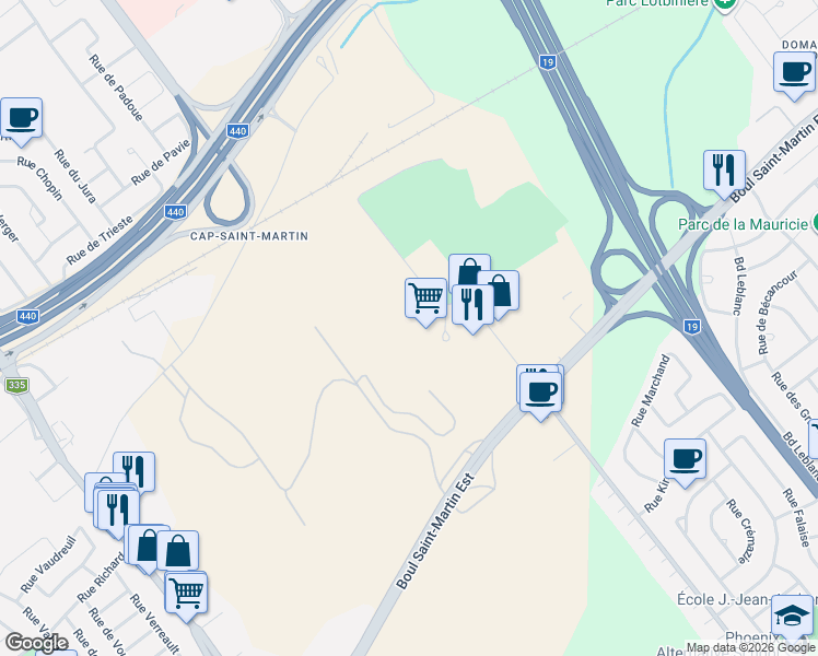 map of restaurants, bars, coffee shops, grocery stores, and more near 1672 Place de Lierre in Laval