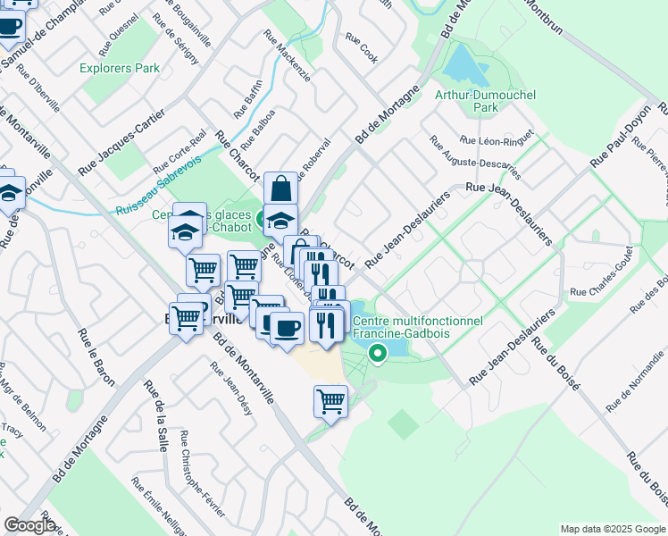 map of restaurants, bars, coffee shops, grocery stores, and more near 1024 Rue Charcot in Boucherville