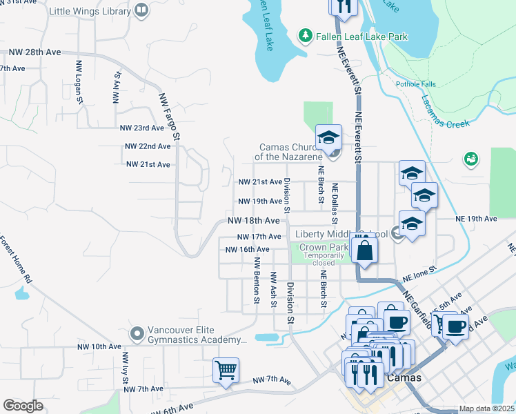 map of restaurants, bars, coffee shops, grocery stores, and more near 244 Northwest 18th Avenue in Camas
