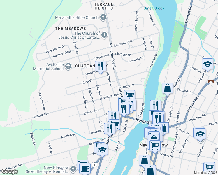 map of restaurants, bars, coffee shops, grocery stores, and more near 48 Herbert Street in New Glasgow