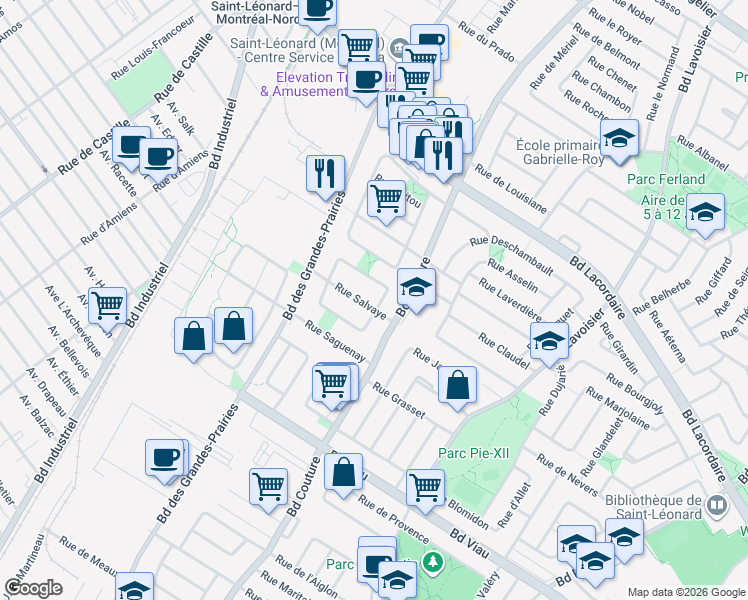 map of restaurants, bars, coffee shops, grocery stores, and more near 9150 Rue de Villieu in Montréal