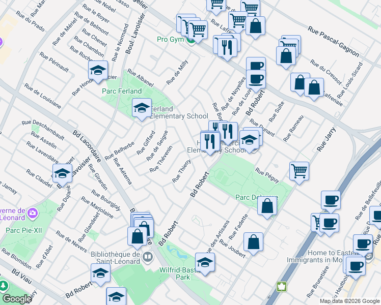 map of restaurants, bars, coffee shops, grocery stores, and more near 8529 Rue Grouard in Montréal