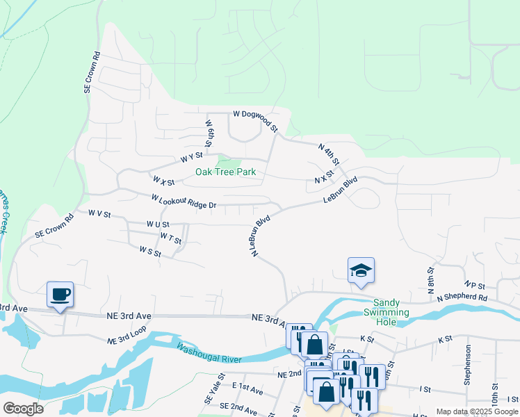 map of restaurants, bars, coffee shops, grocery stores, and more near 232 West Lookout Ridge Drive in Washougal
