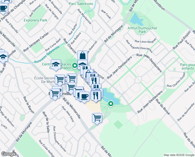 map of restaurants, bars, coffee shops, grocery stores, and more near 1024 Rue Charcot in Boucherville