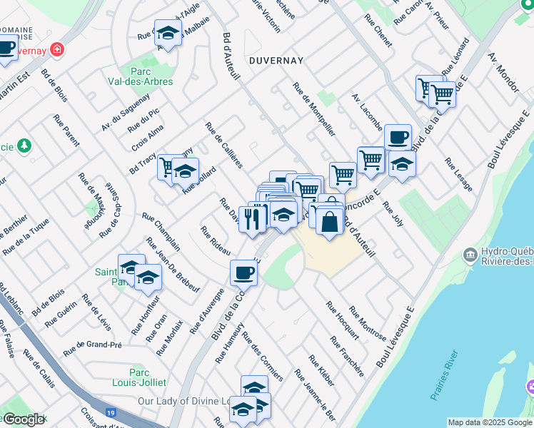 map of restaurants, bars, coffee shops, grocery stores, and more near 1025 Rue de Montmartre in Laval